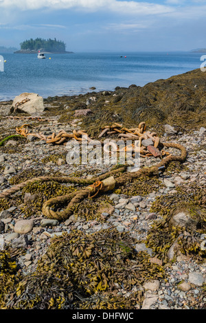 Eine Ankerkette befestigt an einem großen Felsbrocken liegt auf einem auf felsigen Küstenstreifen an Lubec Maine. Stockfoto