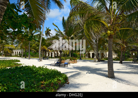 Makuti Sonnenschirme und Liegestühle, Luxus-Hotel-Fassade, Bwejuu Strand, Sansibar, Tansania, Ostafrika Stockfoto