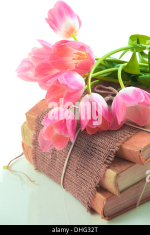 Rosa Tulpen auf alte Bücher Stockfoto
