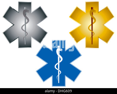 Stern des Lebens Stab des Asklepios medizinischen Symbol für Krankenwagen isoliert auf weißem Hintergrund Illustration Stockfoto