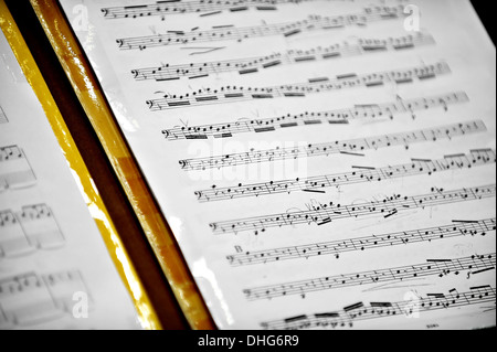 Nahaufnahme mit einem Muster von Musiknoten Daube Stockfoto