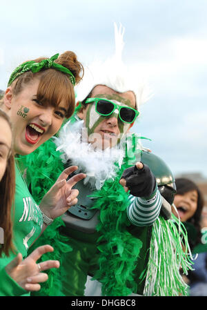 Denton, Texas, USA. 9. November 2013. 9. November 2013: North Texas grün meine Fans jubeln für ihr Team während der NCAA Football-Spiel zwischen UTEP Miners und dem North Texas bedeutet grün Apogee-Stadion in College Station, Texas. UNT gewinnt gegen UTEP, 41-7. © Csm/Alamy Live-Nachrichten Stockfoto