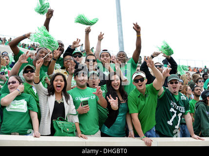 Denton, Texas, USA. 9. November 2013. 9. November 2013: North Texas grün meine Fans jubeln für ihr Team während der NCAA Football-Spiel zwischen UTEP Miners und dem North Texas bedeutet grün Apogee-Stadion in College Station, Texas. UNT gewinnt gegen UTEP, 41-7. © Csm/Alamy Live-Nachrichten Stockfoto