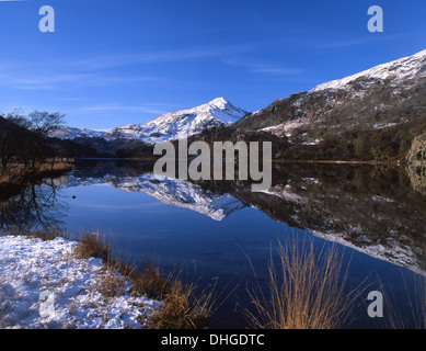 Yr Aran spiegelt sich in Llyn Gwynant im Schnee Snowdonia National Park Gwynedd North Wales UK Stockfoto