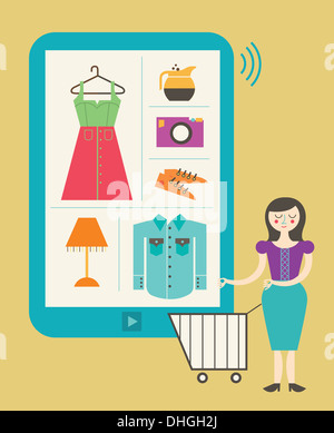 Anschauliches Bild der Frau mit shopping Cart stehend durch digital-Tablette, darstellt, Online-shopping Stockfoto