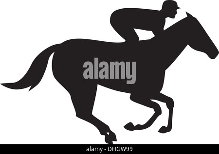 Abbildung von einem Pferd und Jockey racing Silhouette auf isolierten weißen Hintergrund im retro-Stil gemacht. Stockfoto