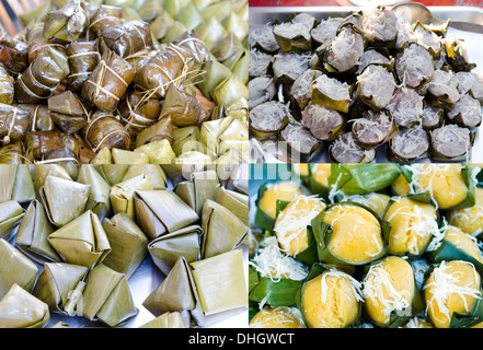 Collage aus Fotos von thai Dessert (süßer Klebreis in Banana Leaf Paket, hergestellt aus Zucker und Kokos, Banane Reis) Stockfoto