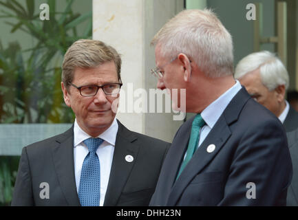 Der Amtierende Außenminister Guido Westerwelle (FDP, l) Spricht bin 11.11.2013 in Neu-Delhi - Gurgaon (Indien) Im Rahmen des ASEM-Treffens Mit Dem Schwedischen Außenminister Carl Bildt. Auf Seiner Letzten Großen Auslandsreise freu der Minister Indien Und Anschließend die Vereinigten Arabischen Emirate. Foto: Rainer Jensen/dpa Stockfoto