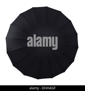 Draufsicht der schwarzen offenen Regenschirm isoliert auf weiss Stockfoto