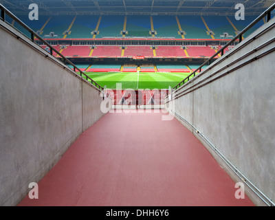 Millennium Stadium in Cardiff, Wales, Blick von der Spieler-Tunnel heraus auf das Spielfeld. Stockfoto