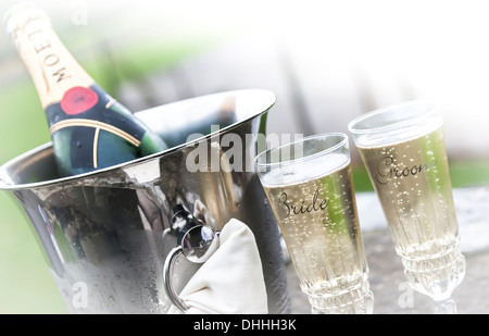 Champagner auf Eis und Braut und Bräutigam Flöten Stockfoto