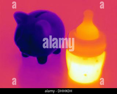 Thermische Foto ein Sparschwein und eine Baby-Flasche voll Milch, hohen Kosten der Kindererziehung Stockfoto