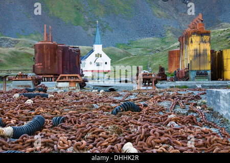 Ehemalige Walfänger station Grytviken mit Kirche, South Georgia, South Sandwich-Inseln, Britische überseegegend, Antarktis Stockfoto