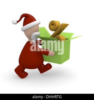 Lustige Weihnachtsmann mit einem offenen Geschenkkarton und ein goldenes Prozent icon Stockfoto