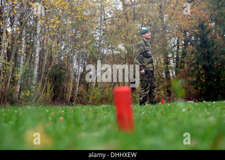 Geltow, Deutschland. 11. November 2013. Der Offizier verantwortlich für das Projekt, Bernd Richter, steht auf dem Gelände für das geplante Denkmal für Soldaten der Bundeswehr, die im Ausland auf dem Gelände der ehemaligen Kommandozentrale (EinsFueKdoBW) der Bundeswehr in Geltow, Deutschland, 11. November 2013. Wiederaufforstung startet in Kürze für eine so genannte "Forest of Memory". Die Bauarbeiten werden voraussichtlich im Frühjahr 2014 beginnen und das Denkmal wird voraussichtlich 15. November 2014 eröffnet werden. Foto: RALF HIRSCHBERGER/Dpa/Alamy Live News Stockfoto