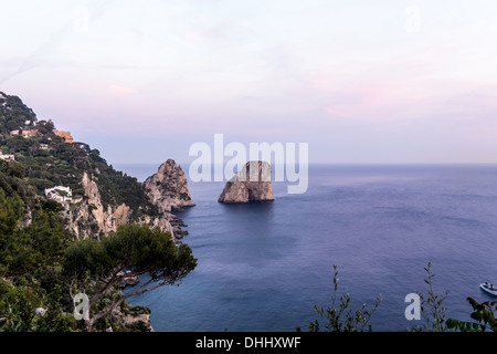 Faraglioni Felsen am Abend, Capri, Kampanien, Italien Stockfoto