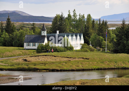 Kirche und Häuser von Pingvellir im golden Circle, Island, Europa Stockfoto