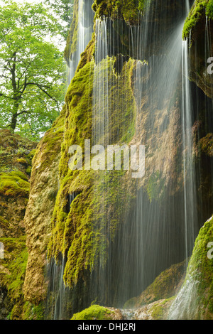 Wasser läuft über ein Gesicht, Schleierfall, moosbedeckten Felsen Schleierwasserfall, Ammer, Pfaffenwinkel, Garmisch, Oberbayern, Ba Stockfoto