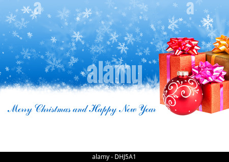 Frohe Weihnachten und Happy New Year Hintergrund mit Weihnachtsgeschenke Stockfoto