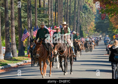 Glendale, Kalifornien, USA. 11. November 2013. Lauren Bon führt ein Maultier Veterans Day Parade in Glendale, Kalifornien, das ist die letzte Etappe einer Festschrift Künstler-Aktion namens "Ein hundert Maultiere zu Fuß Los Angeles Aquädukt", trainieren die war einen Monat lang, 240 Meile Reise von Owens Valley nach Los Angeles, das erinnert an den 100. Jahrestag der Eröffnung des Los Angeles Aquädukt. Kredit: Ambient Images Inc./Alamy Live-Nachrichten Stockfoto