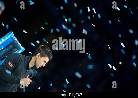 Die O2-Arena, London, UK. 11. November 2013. Novak Djokovic gewinnt den ATP World Tour Finals Titel 6-3 6-4, schlagen Welt Nummer 1 Rafael Nadal © Malcolm Park Leitartikel/Alamy Live-Nachrichten Stockfoto