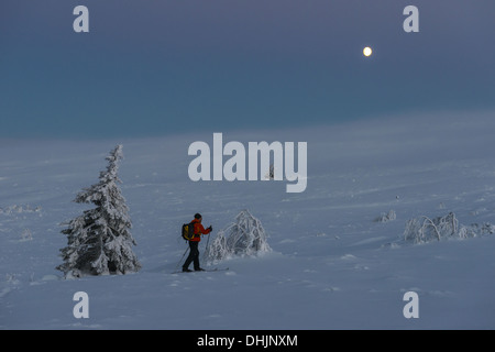 Skifahrer in Dämmerung, Lappland, Schweden Stockfoto