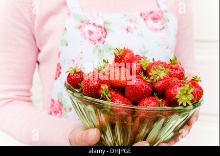 Frisch gepflückte Erdbeeren aus dem Garten in eine Glasschüssel, Ernte, Frucht Stockfoto