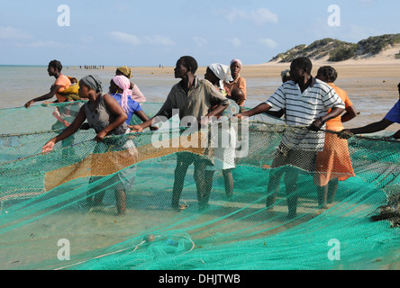 Die Dorfbewohner ziehen in Fischernetzen. Benguerra Island, Bazaruto Archipel. Mosambik. Ost-Afrika. Stockfoto