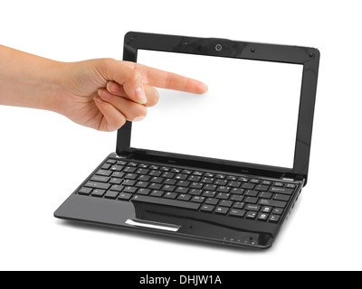 Notebook-Computer und zeigende hand Stockfoto