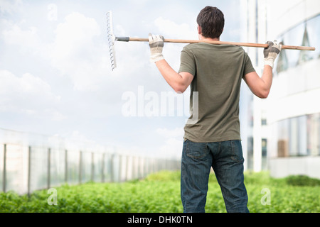 Junger Mann hält eine Harke auf seinen Schultern und mit Blick auf grüne Pflanzen in einem Dachgarten in der Stadt Stockfoto