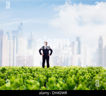 Geschäftsmann mit Sonnenbrille und Hände auf den Hüften stehen in einem grünen Feld mit Skyline der Stadt im Hintergrund Stockfoto