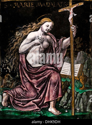 Mary Magdalene Limoges 16. / 17. Jahrhundert E-Mail Polychrom bemalt auf Kupfer mit gold-Highlights-Platte aus einem Altarbild Frankreich Stockfoto