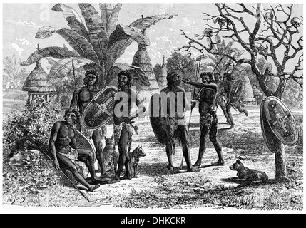 1888 Gruppe von Niam Niams und ihre Behausungen Französisch-Kongo Stockfoto