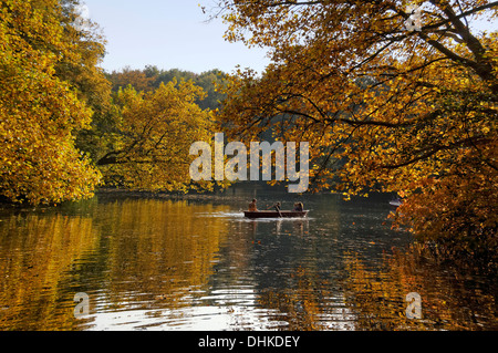 See im Tiergarten im Herbst mit Ruderbooten, Berlin Mitte, Berlin, Deutschland Stockfoto