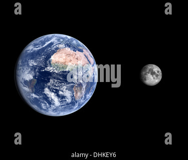 Ein Vergleich zwischen den Planeten Erde und der Mond auf einem sauberen schwarzen Hintergrund. Stockfoto