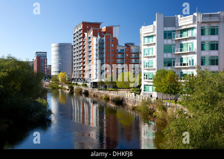 Wohnblocks entlang den Fluss Aire in Whitehall Quay, Leeds, West Yorkshire Stockfoto