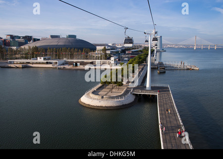 Blick vom Teleferico Lisboa, Lissabon Seilbahn über Parque Das Nacoes, Park der Nationen und Ponte Vasco da Gama Brücke über Stockfoto