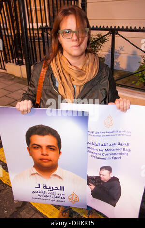 London, UK. 12. November 2013.  Journalisten protestieren vor der ägyptischen Botschaft gegen die Tötung, Verhaftungen und Schikanen gegenüber Pressevertretern. Bildnachweis: Paul Davey/Alamy Live-Nachrichten Stockfoto