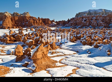 Ein Tal voller Schnee bedeckten Hoodoos im Goblin Valley State Park, Utah Stockfoto