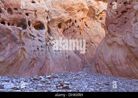 Ein schneebedeckte Wanderweg verengt sich in bunte wenig Wild Horse Slotcanyon in Utah Stockfoto