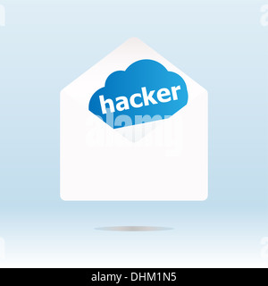 Deckel mit Hacker Text auf blaue Wolke Stockfoto