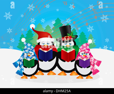 Pinguine Weihnachten Kurrende mit Mützen und Schals mit Winter Schnee-Szene und zufällige Noten Hintergrund Illustration Stockfoto