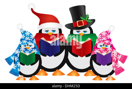 Pinguine Weihnachten Kurrende mit Mützen und Schals, die isoliert auf weißem Hintergrund Illustration Stockfoto