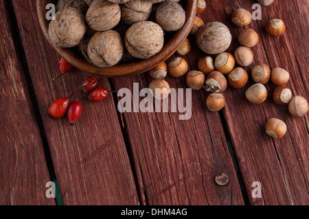 Walnüsse und Haselnüsse auf rustikalen Holz dunkel Stockfoto