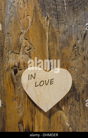 Herz aus Holz auf Baum Stockfoto