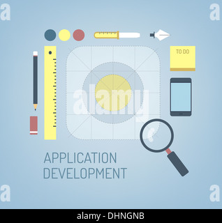 Moderne Illustration Konzept der Suche, Kreation und Entwicklung verarbeiten ein neues Programmsymbol für mobile Schnittstelle Stockfoto