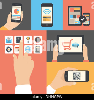 Flache Abbildung Reihe von Touchscreen-Interface, Handy Scan qr-Code, Online-Kauf und e-Commerce-Nutzung Stockfoto
