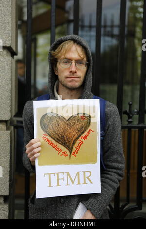 Dublin, Irland. 13. November 2013. Ein Demonstrant steht außerhalb der Dail (Irisches Parlament) mit einem Schild aus der TFMR (Abbruch aus medizinischen Gründen) Kampagne. Zentrum der reproduktiven Rechte brachte ein Verfahren gegen Irland in der UN-Menschenrechtsausschuss im Namen Amanda Mellet. Sie musste in das Vereinigte Königreich für eine Abtreibung zu reisen, nachdem sie während ihrer Schwangerschaft mit tödlichen fetale Anomalie diagnostiziert worden war. Abtreibungen für tödlichen Missbildungen sind in Irland verboten. Bildnachweis: Michael Debets/Alamy Live-Nachrichten Stockfoto