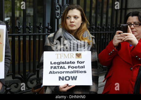 Dublin, Irland. 13. November 2013. Ein Demonstrant steht außerhalb der Dail (Irisches Parlament) mit einem Schild, das "TFMR Gesetze für die tödlichen fetalen Anomalien jetzt" liest. Zentrum der reproduktiven Rechte brachte ein Verfahren gegen Irland in der UN-Menschenrechtsausschuss im Namen Amanda Mellet. Sie musste in das Vereinigte Königreich für eine Abtreibung zu reisen, nachdem sie während ihrer Schwangerschaft mit tödlichen fetale Anomalie diagnostiziert worden war. Abtreibungen für tödlichen Missbildungen sind in Irland verboten. Bildnachweis: Michael Debets/Alamy Live-Nachrichten Stockfoto