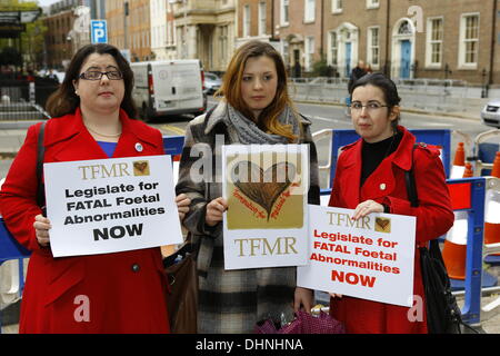 Dublin, Irland. 13. November 2013. Demonstranten stehen außerhalb der Dail (Irisches Parlament) mit Schildern aus der TFMR (Abbruch aus medizinischen Gründen)-Kampagne, die "TFMR Gesetze für die tödlichen fetalen Anomalien jetzt" gelesen. Zentrum der reproduktiven Rechte brachte ein Verfahren gegen Irland in der UN-Menschenrechtsausschuss im Namen Amanda Mellet. Sie musste in das Vereinigte Königreich für eine Abtreibung zu reisen, nachdem sie während ihrer Schwangerschaft mit tödlichen fetale Anomalie diagnostiziert worden war. Abtreibungen für tödlichen Missbildungen sind in Irland verboten. Bildnachweis: Michael Debets/Alamy Live-Nachrichten Stockfoto